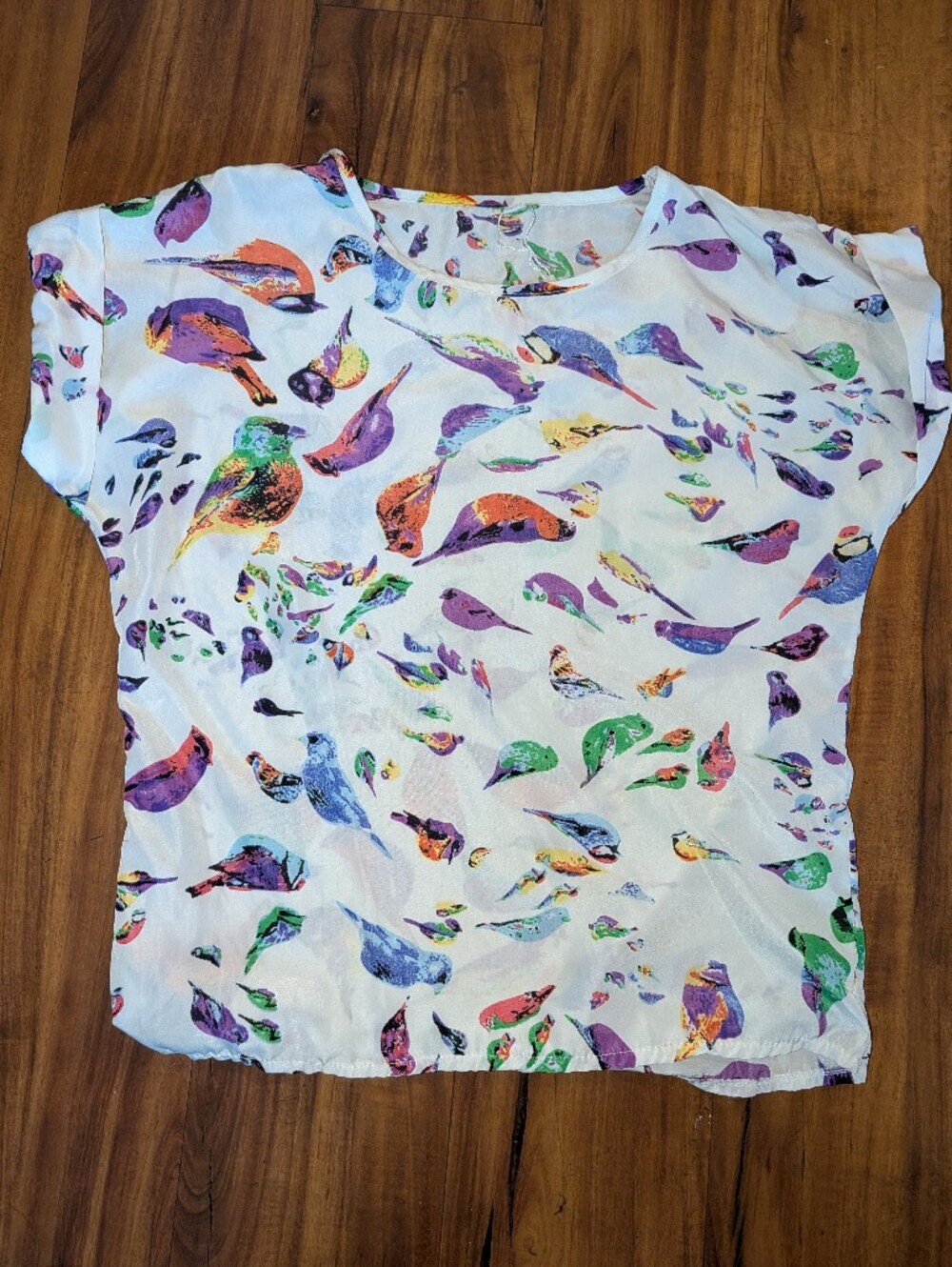 White Sheer Bird Print Short Sleeve Top